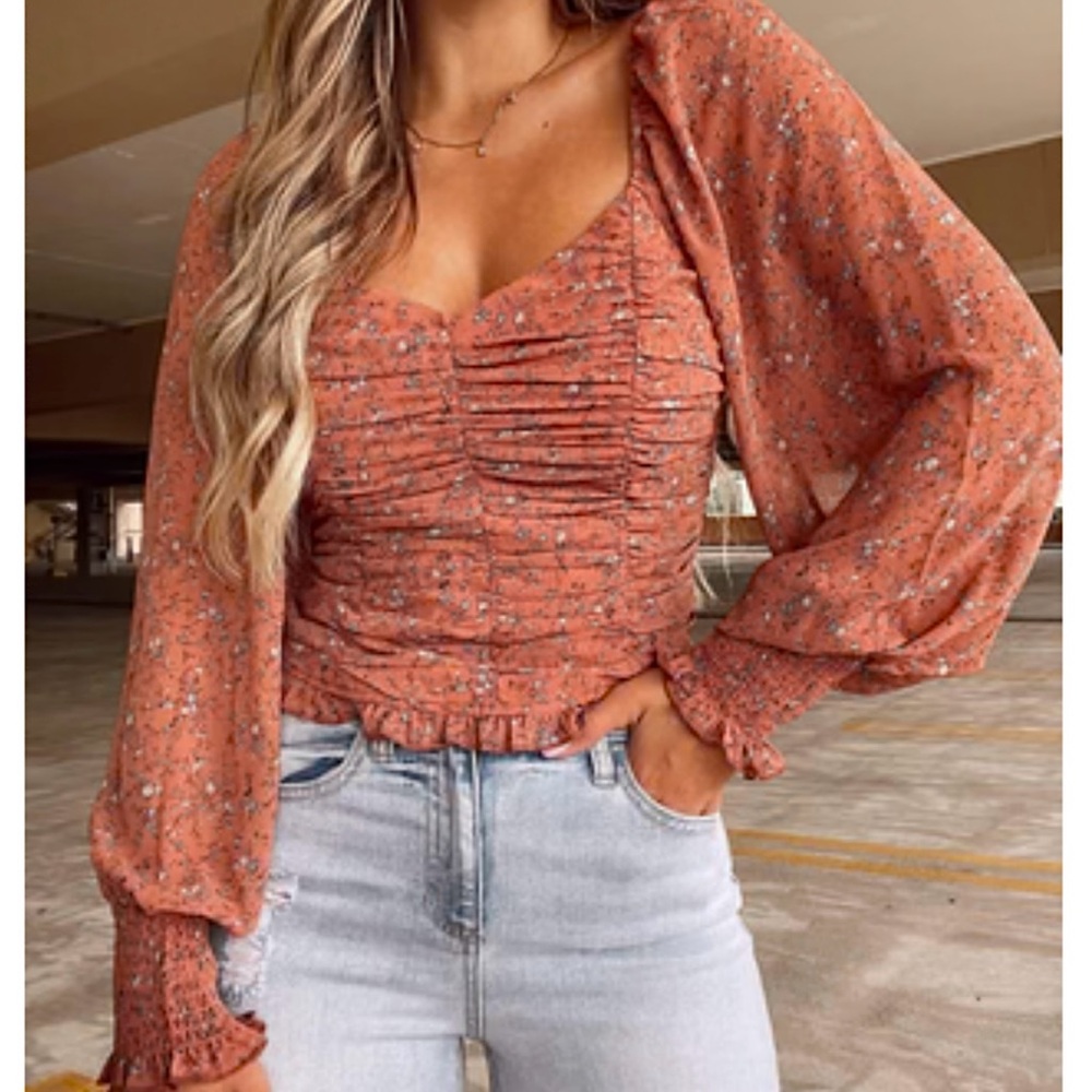 Promesa Floral Ruched Rust Blouse
